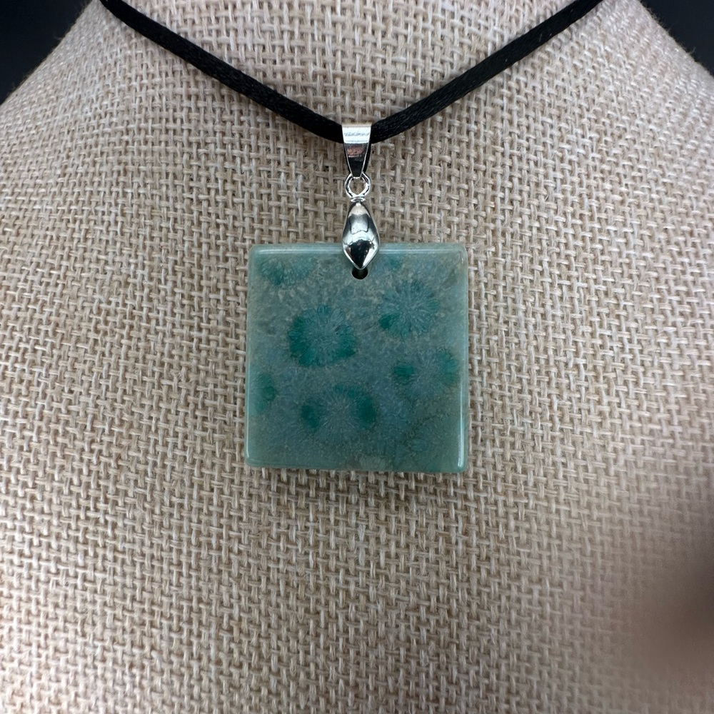 Light Green Coral Fossil Pendant Necklace on Black Satin Rope - Picture 11 of 15
